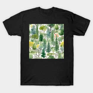 Pastel Oasis: A Serene Seamless Pattern of Trees and Plants in Soft Hues T-Shirt